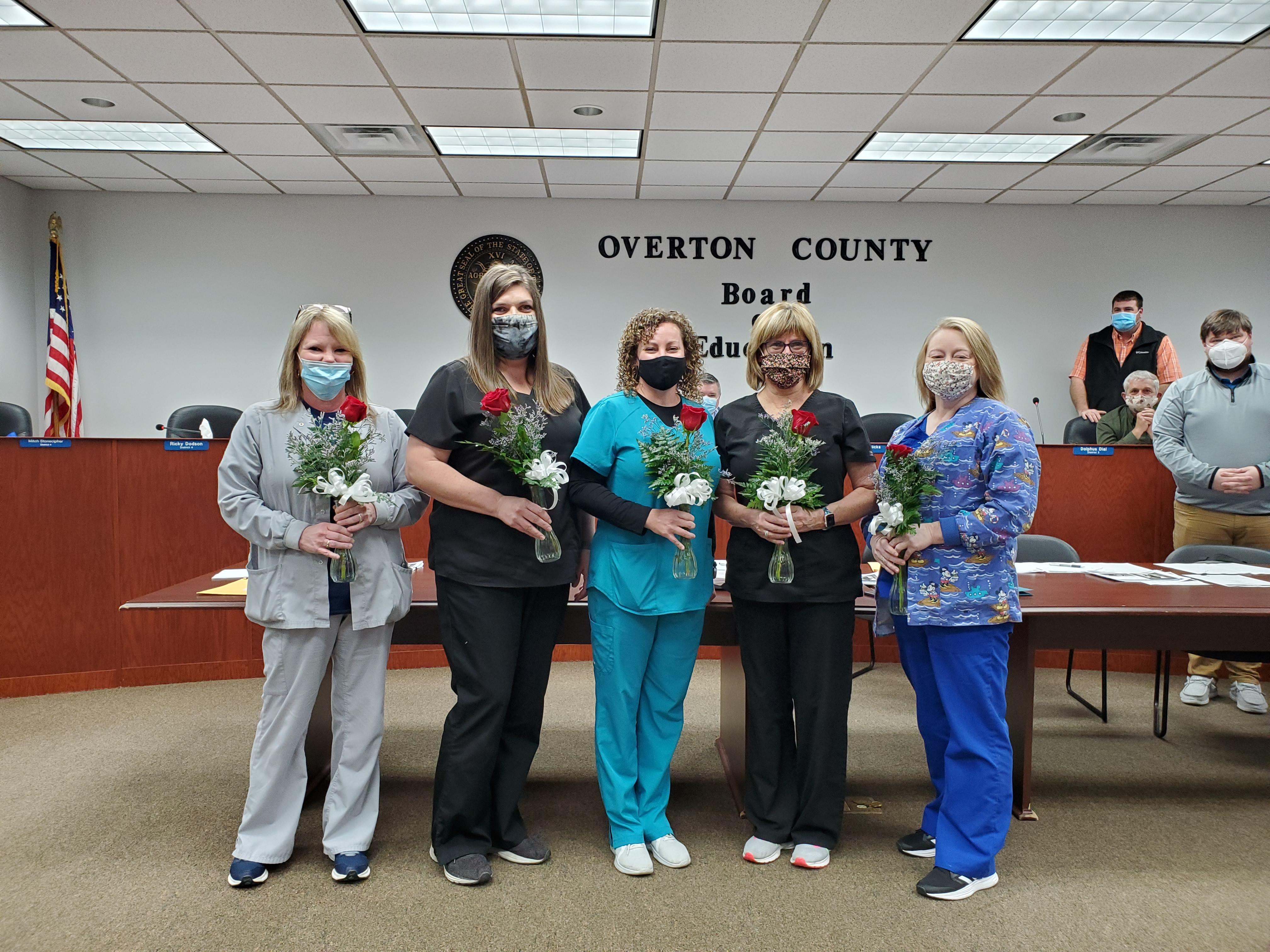 Overton County School Nurses from left to right:  Rhonda Smith, Rebecca Gunnels, Marcie Matthews, Cindy Sells, and Tammy Nimmo